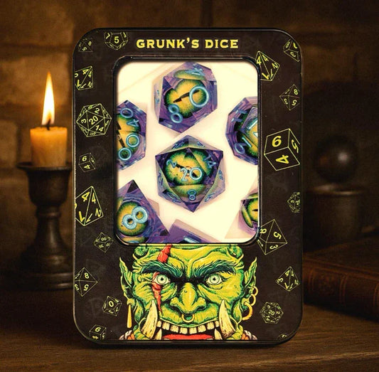 Watcher in the Abyss purple dragon eye dice set on table