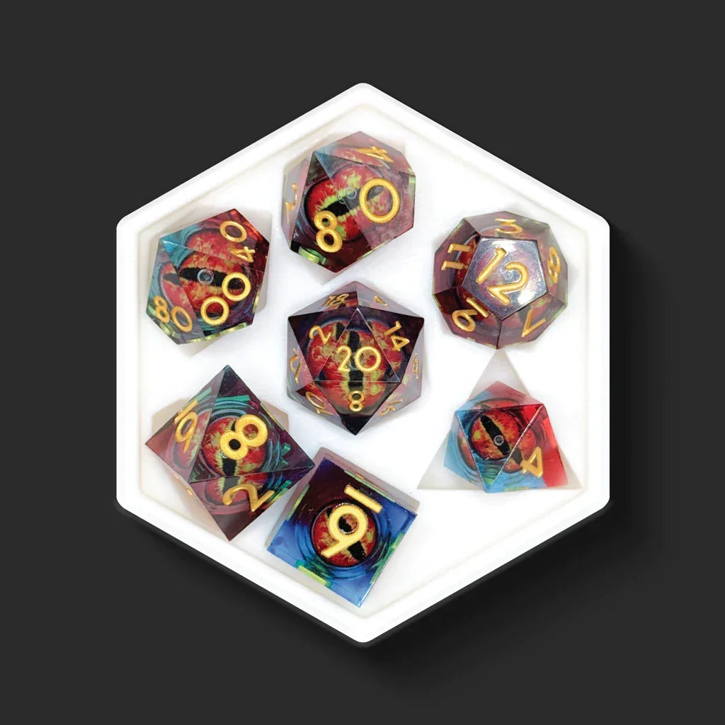 The Beholder's Eye red and blue dragon eye dice set top view
